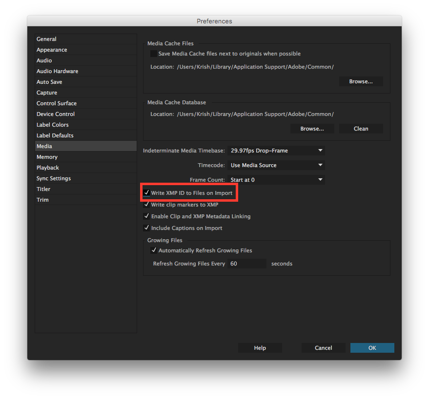 Enable Write XMP ID to Files on Import Setting in Premiere Pro